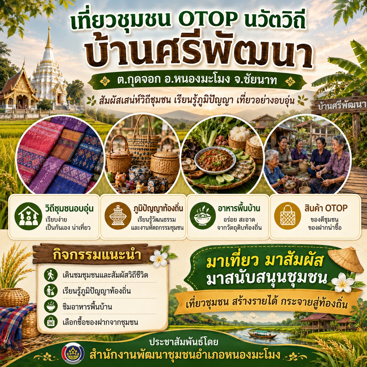 สำนักงานพัฒนาชุมชนอำเภอหนองมะโมง ขอเชิญชวนทุกท่านร่วมสัมผัสเสน่ห์การท่องเที่ยวชุมชน OTOP นวัตวิถี บ้านศรีพัฒนา หมู่ที่ 6 ตำบลกุดจอก อำเภอหนองมะโมง จังหวัดชัยนาท